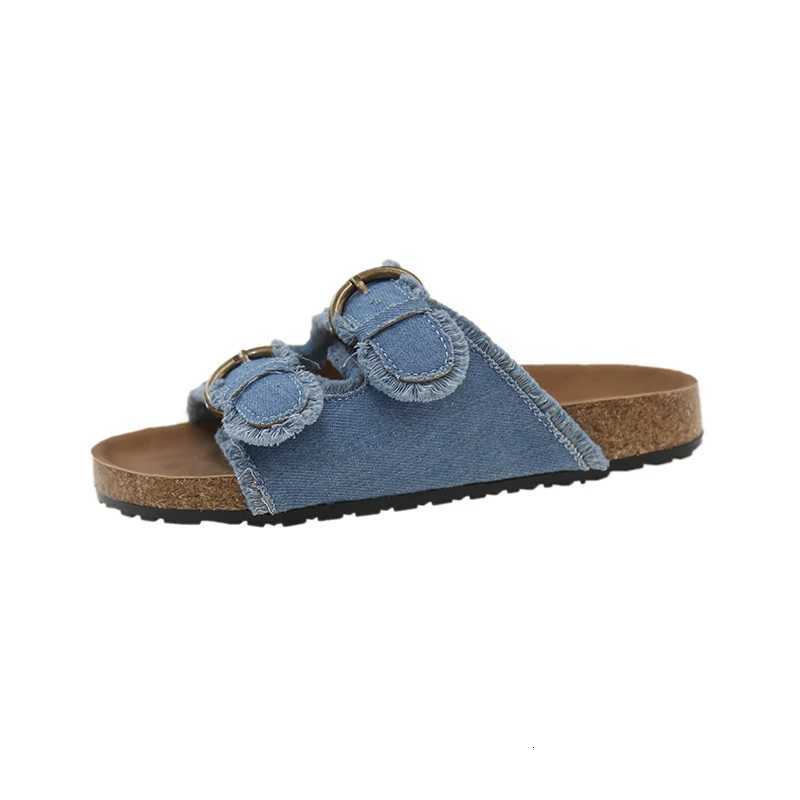 2025 New Summer Beach Cork Slippers Casual Double Buckle Nonslip Clogs Slides Women Slip on Flip Flop Shoe Denim Slipper Female W250905