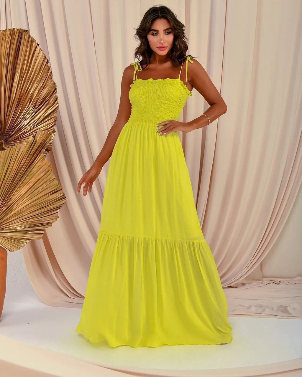 2023 Solid Color High Waist Slimming Elegant Strap Flared Long Dress Luxury