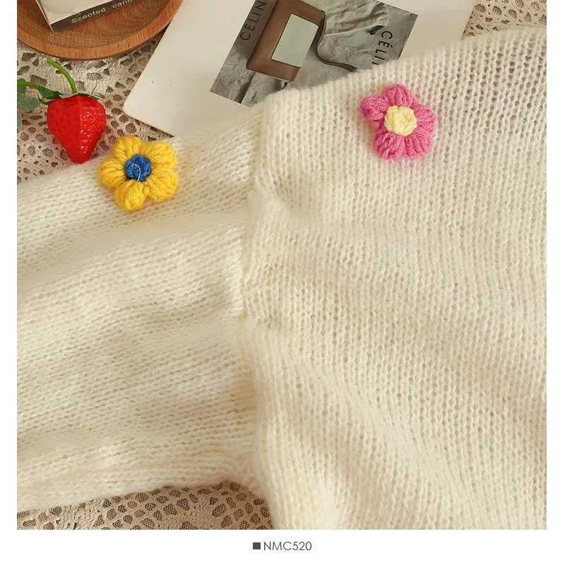 New Autumn Colourful Applique Flower Cardigan for Women Cute Long Vneck Knit Crop Sweater Girl Soft Knitwear Z250905