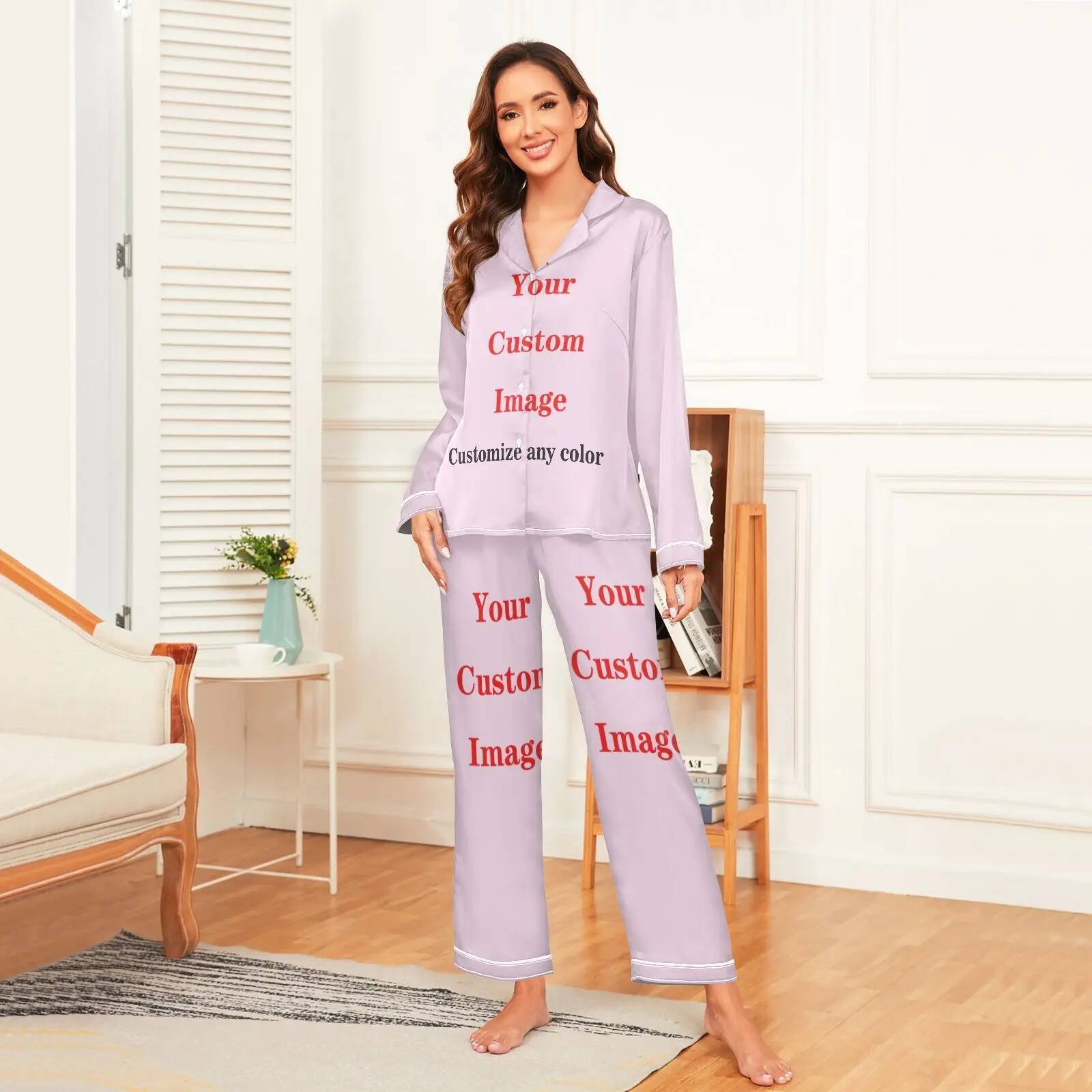 Women Ice Silky Pamas Sleepwear Nightclothes Customizing images Long Sleeved Shirt And Trousers Suitable For spring and summer