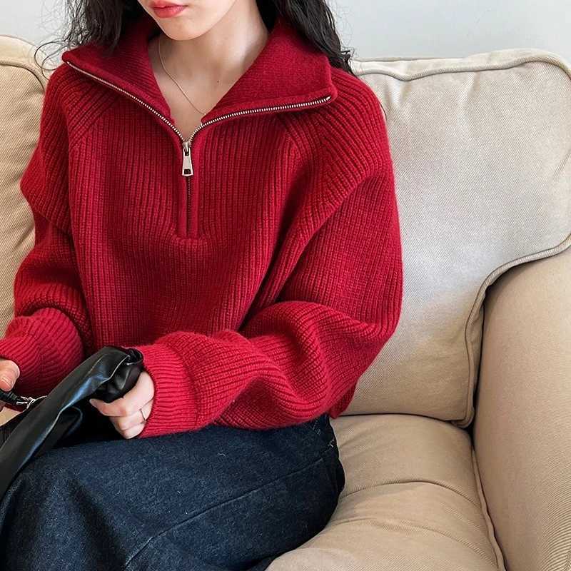 Fashion New Red Semi High Neck Long Sleeved Women Pullover Sweater Autumn Winter Zipper Loose High Waist Thick Short Knitted top Z250905
