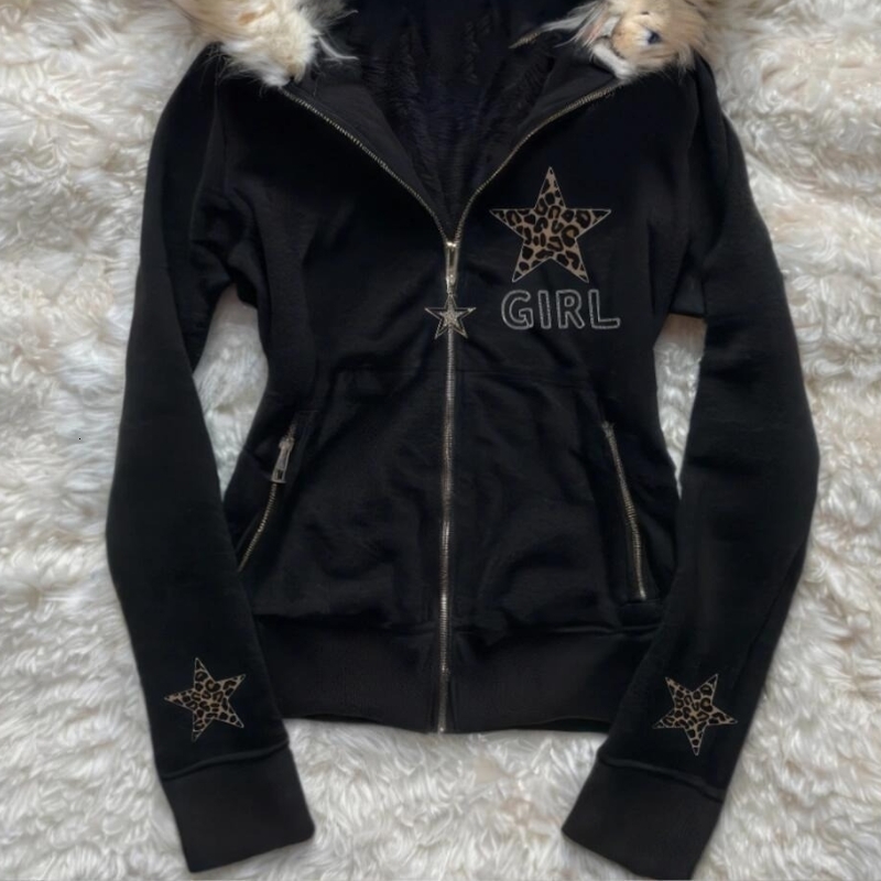 Autumn and winter retro black star leopard pattern women fur collar zipper hoodie fashionable street Harajuku waist jacket 250904