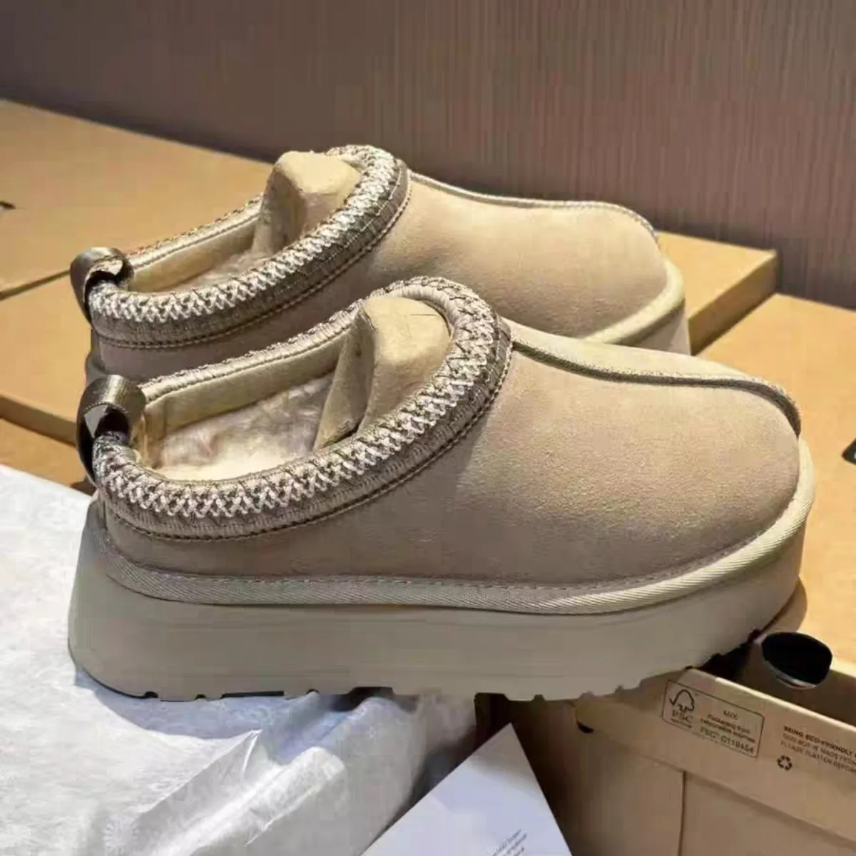 Australian snow boots designer tazz tasman slippers chestnut fur slippers sheepskin cut boots mule mini platform boots overshoes suede slippers