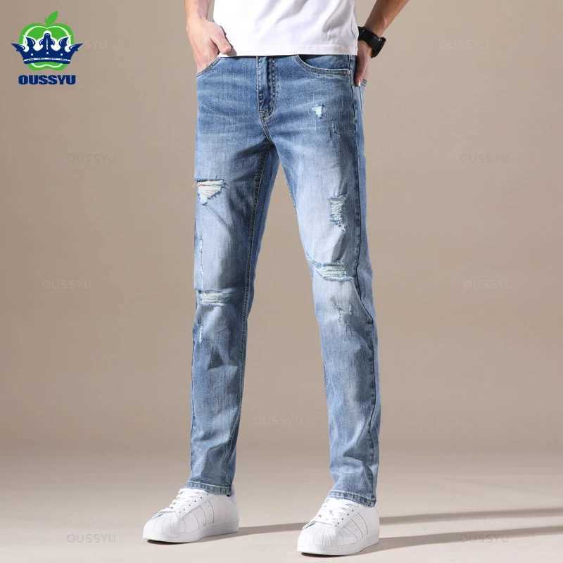 OUSSYU Brand Men Jeans Slim Fit Skinny Denim Jeans Designer Elastic Ripped Hole Pants Blue Stretch Trousers for Men 2840 W250905