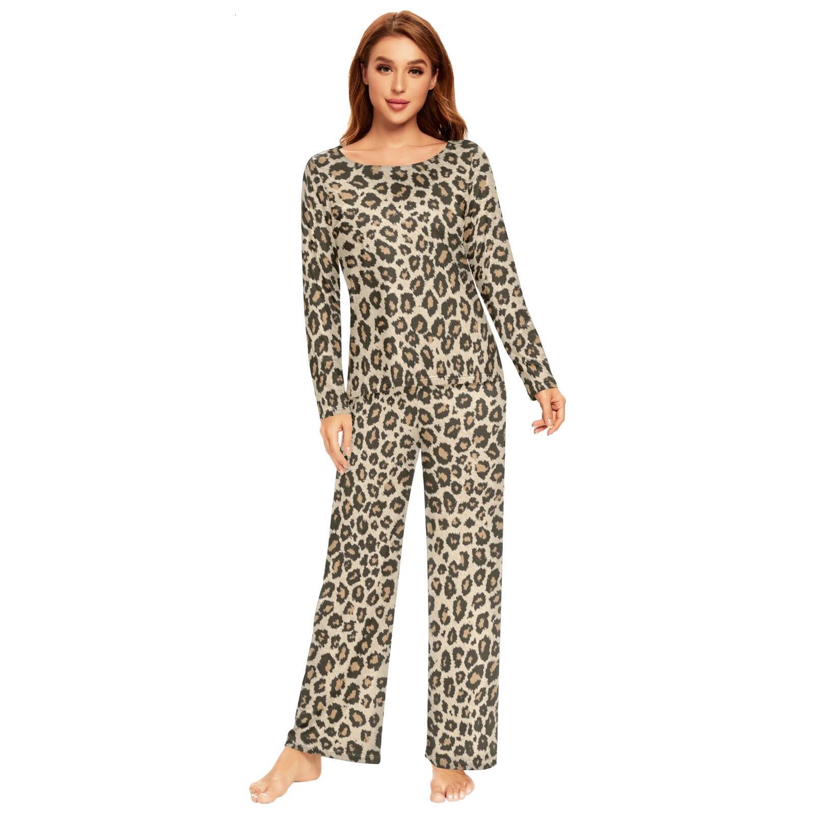 Spring Autumn Sleepwear Womens 2 Pieces Pamas Set Sexy Leopard Homewear Lounge Clothes Warm Pyjama Pijama Femme