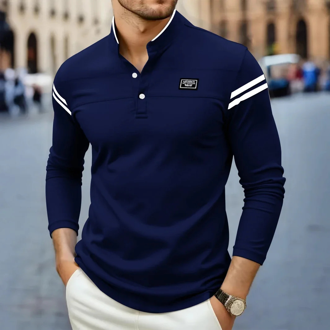 Mens Casual Fashion Solid Color Long Sleeved Polo Shirt Stand Up Collar Versatile Comfortable Top 250905