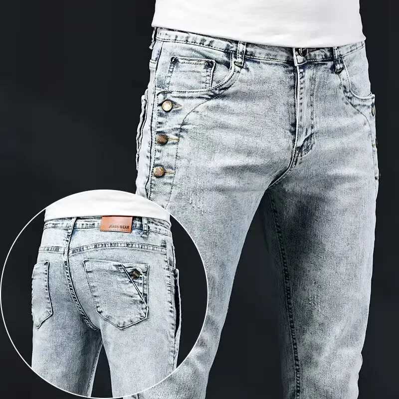 Slim Skinny Jeans Men New Elastic Korean Design Fashion MultiButton Blue White Vintage Wash Cotton Stretch Denim Pants Trousers W250905