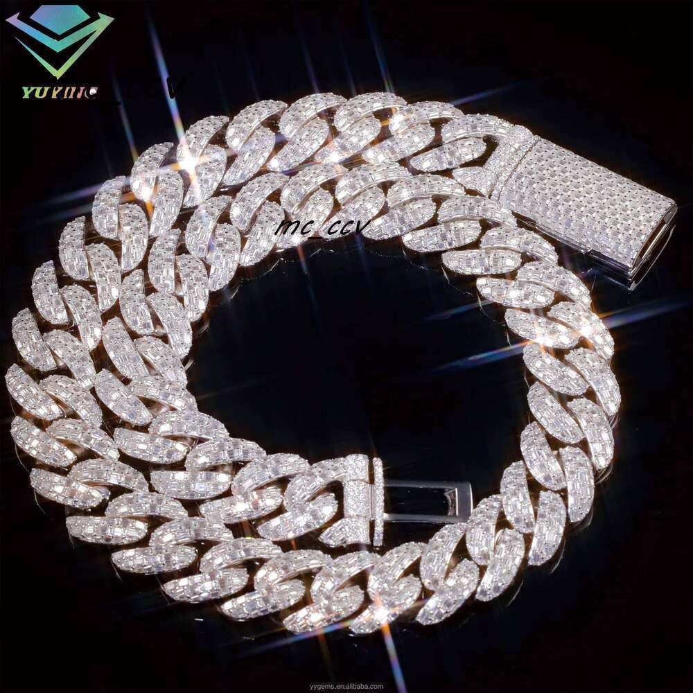 Luxurious Design VVS Baguette Moissanite 23Mm Wide Sterling Sier GoldPlated HipHop Singer Cuban Chain Necklace