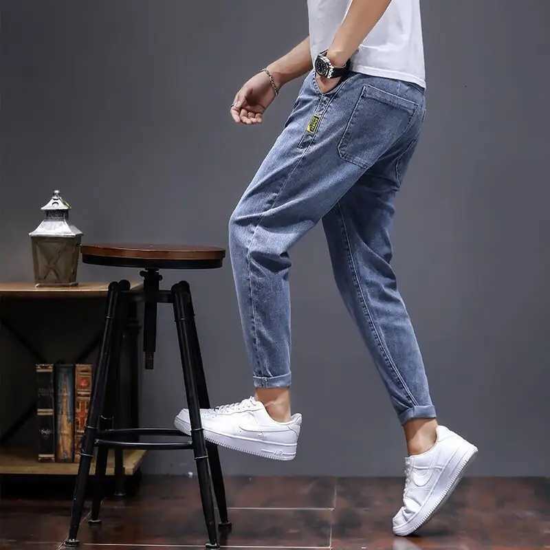 Elastic Lace Up Denim Jeans Mens Trend Versatile Pants 2022 Students Teenagers Mens Japanese Harem Leg 2022 Mens Cargo Pants W250905