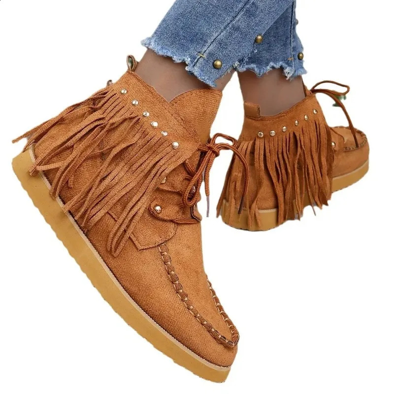 Vintage Tassel Laceup Ankle Boots for Women Autumn Winter Pointed Toe Cowgirl Woman Suede Western Cowboy Chelsea 250904