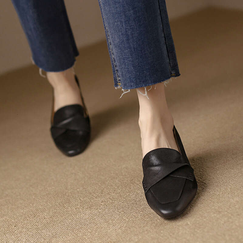 Brown French Style Pointed Toe Chunky Mid Leather Commuter Elegant Low Heel Women's Shoes