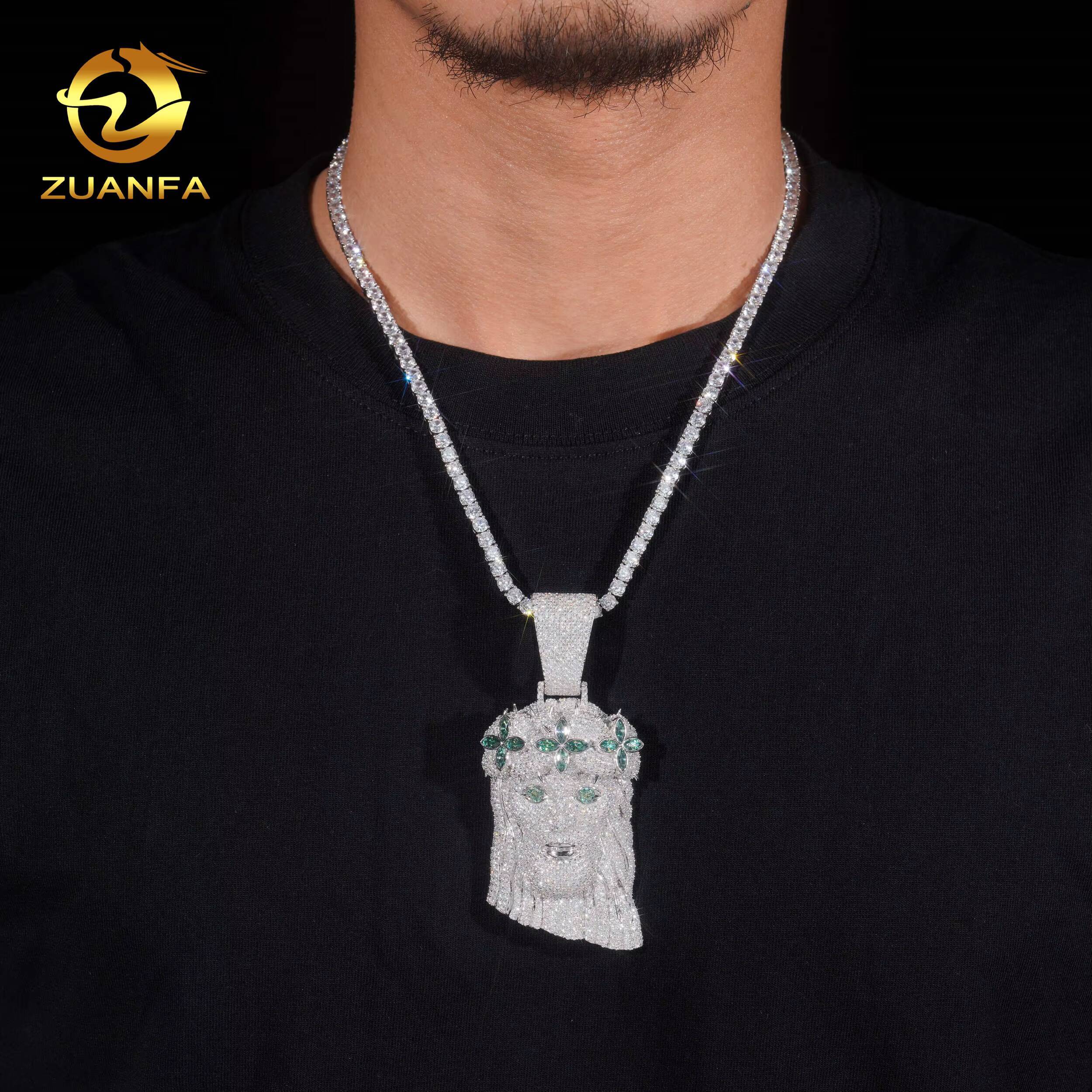 Fine Hip Hop Jewelry Iced Out Solid Back Blue Green Marquise VVS Moissanite Diamond Pendant 925 Silver Jewelry Jesus Pendant