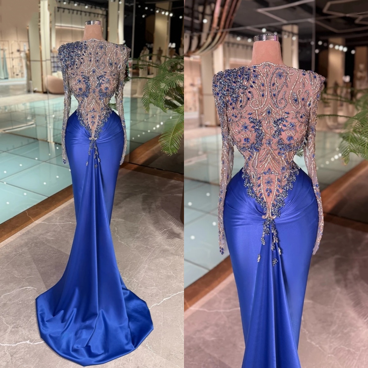 Fashion Evening Dresses Rhinestone Beading Prom Dress Illusion Long Sleeves Mermaid Princess Party Gowns Vestidos De Noche Plus Size