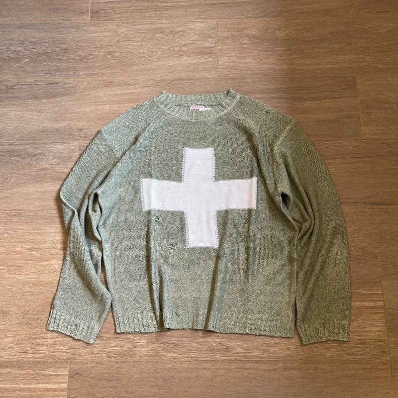 KAPITAL cross broken holes round neck knit sweater fall and winter retro pullover loose longsleeved 250905