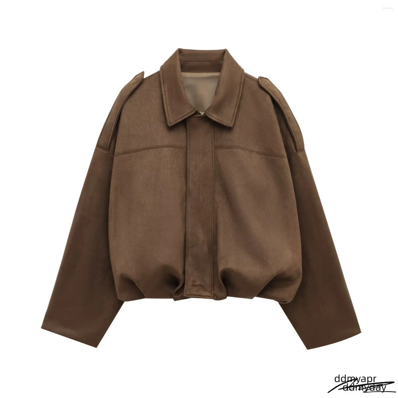 Women's Jackets 2025 ddmyday Vintage Women Suede Texture Bomber Jacket Female Lapel Zipper Long Sleeve Casual Coat Soild Spring Street ddmyday
