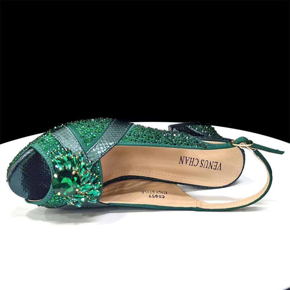 Elegant Green PeepToe Heel Pumps for Women with Diamond Accents Italian Matching Shoes and Bags Set Parties 250905 - view 7