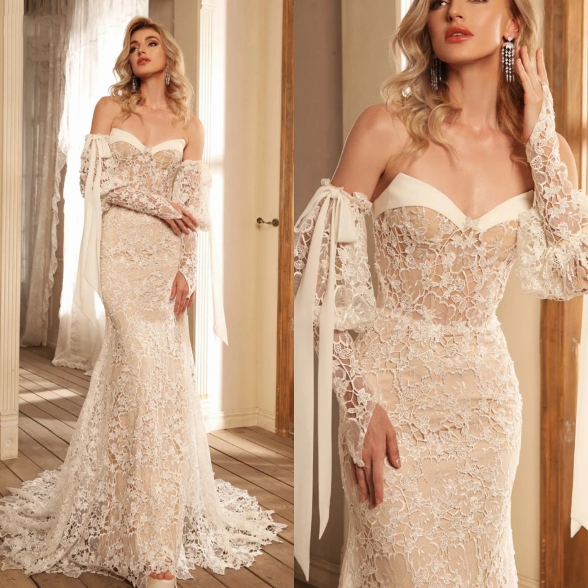 Elegant Mermaid Wedding Dress Lace Backless Bridal Gowns Sweetheart Neck Removable Sleeves Sweep Train Dresses Custom Made vestidos de novia