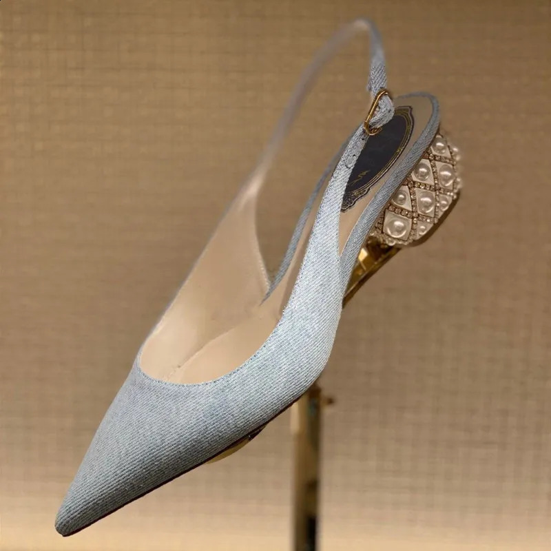 Womens Summer Thick Heel Pointed Head Bag Head Sandals Womens Rhinestone Pearl Heel Oord Buckle Medium Heel High Heels 250904 - view 3
