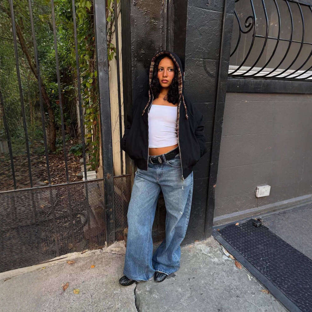 2025 New Double-Sided Hooded Zipper Sweatshirt Autumn Winter American Plaid Patchwork Cardigan Top for Men and Women