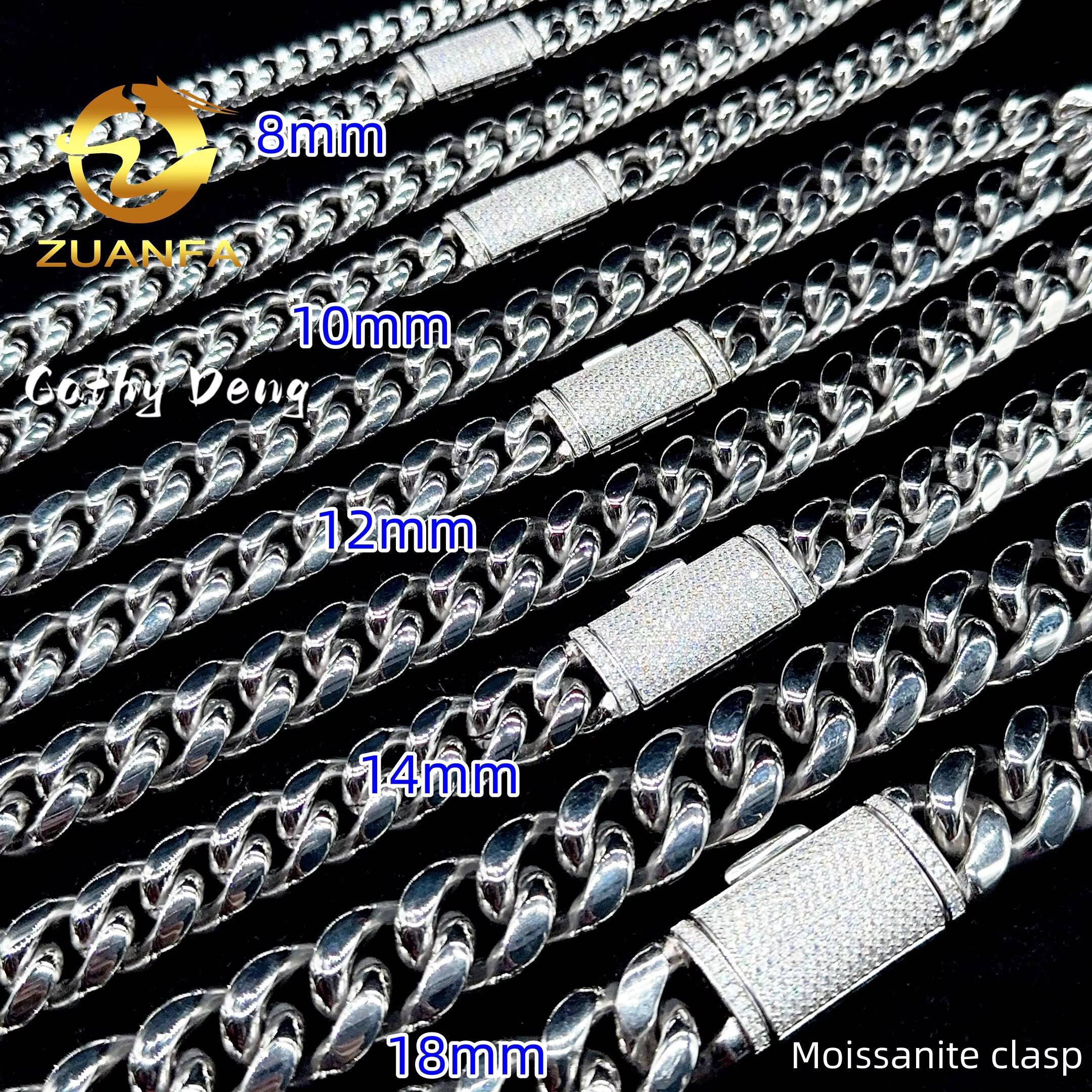 Instock Hip Hop 8mm 10mm 12mm 14mm 18mm 316LStainless Steel Cuban Chain With 925 Silver Moissanite Clasp Cuban Necklace Bracelet