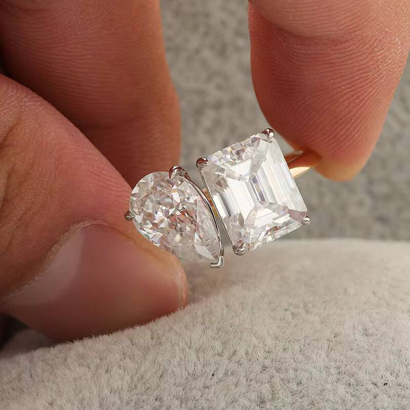 Double Stone Moissanite Ring 18K Yellow Gold Jewelry Ring Pear and Octangle Cut Moissanite Diamond Ring