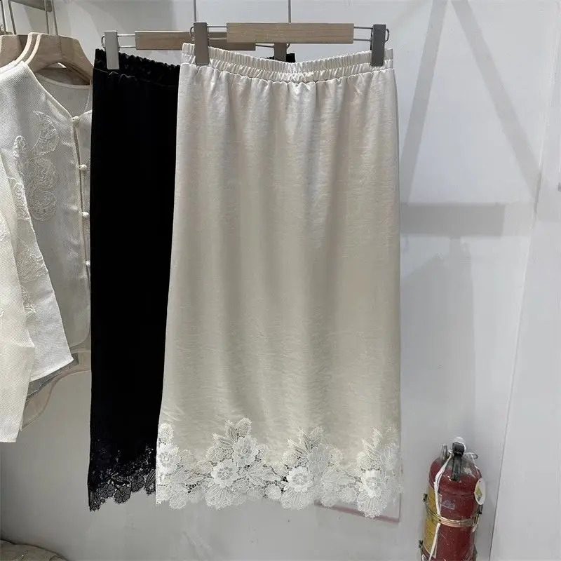 y Lace Patchwork Satin Skirt Women Elegant Club Party Skirts Office Lady Elastic Waist Slit ALine Midi Faldas Mujer 320A 250905