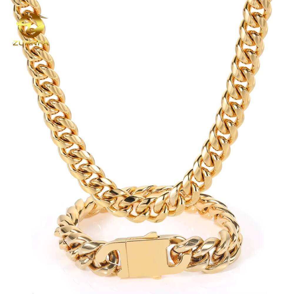 Fashion Hip Hop Jewelry Necklaces Stainless Steel 18K Gold Plated Cuban Link Chain Spring Clasp Chains for Men