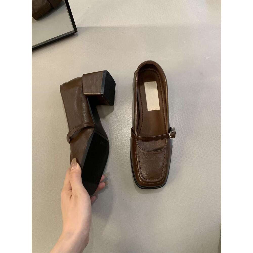 Squ Toe High Heels Shallow Mouth Single for Women Spring and Autumn New French Elegant Evening Style Chunky Heel Mary Jane Leather Shoes