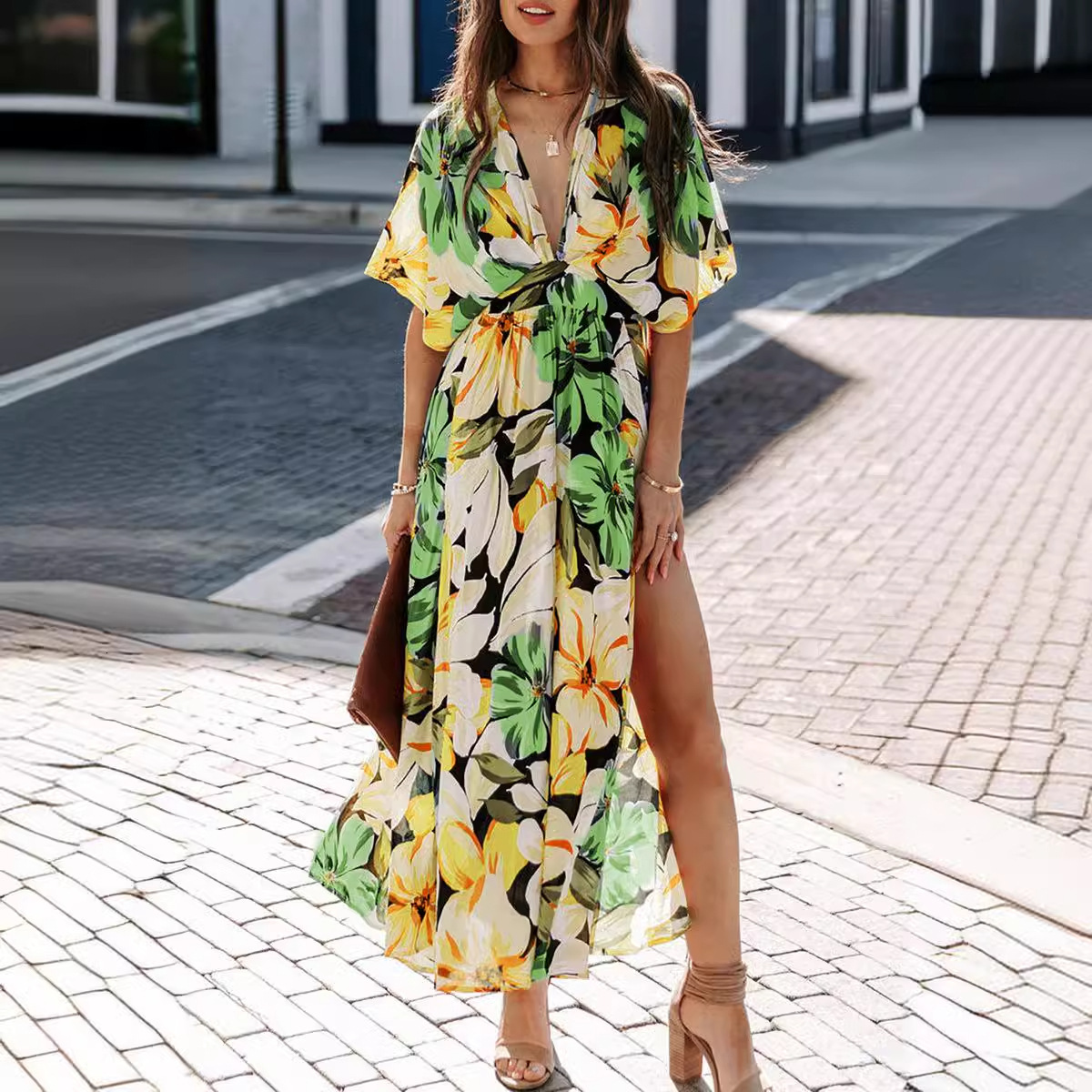 2025 Summer Womens New Sexy HighWaisted Fashion Printed Split Dress