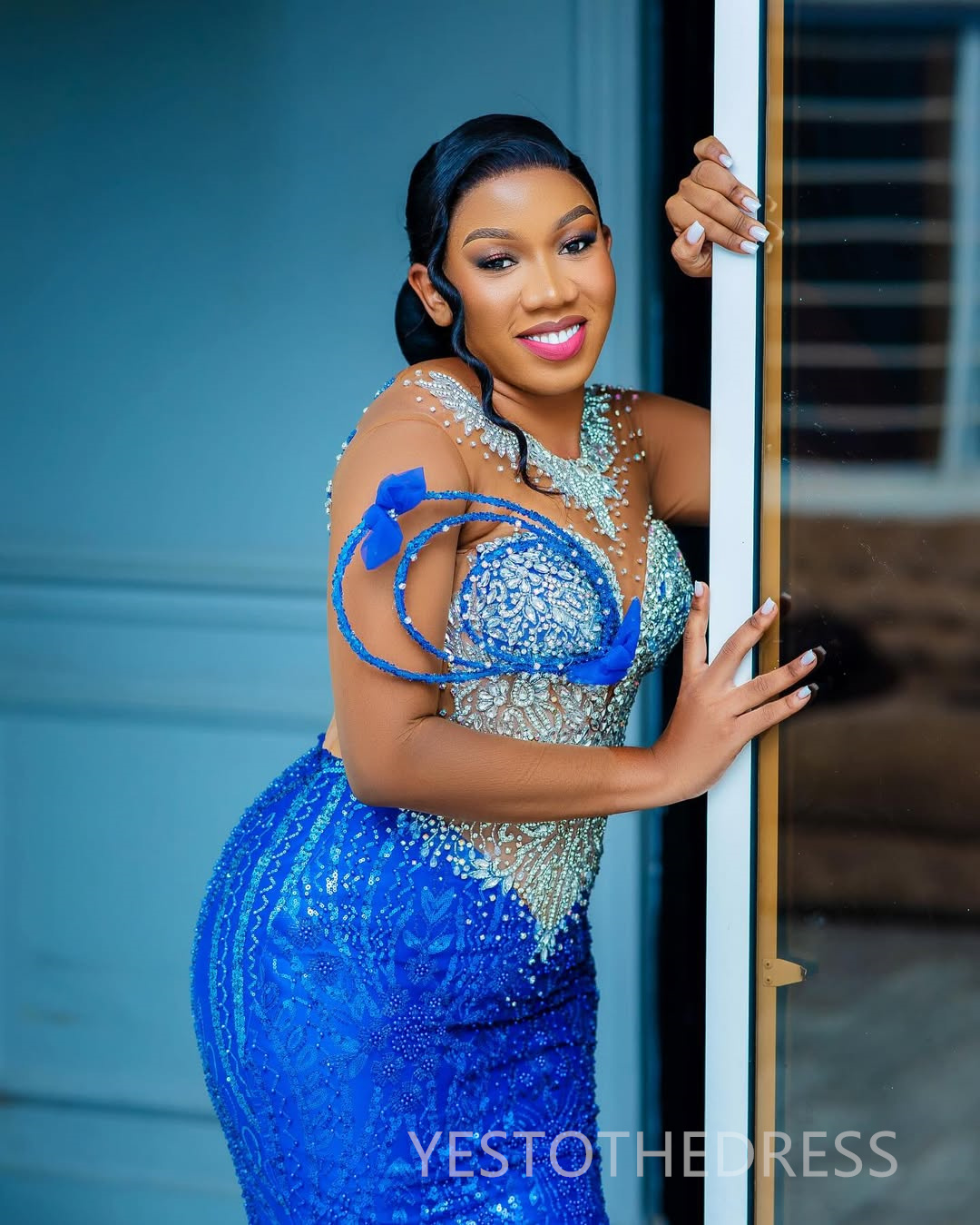 Plus Size Royal Blue Prom Dress 2025 Evening Dresses Elegant Dresses For Special Occasions Illusion Bead Lace Sheer Neck Birthday Dress Second Recepti