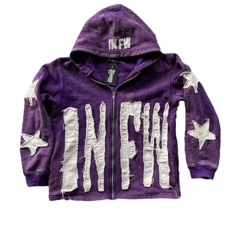 Autumn Winter Sweatshirt Patchwork Letter Star Pattern Long Sleeve Pullover Hoodie Loose Coat