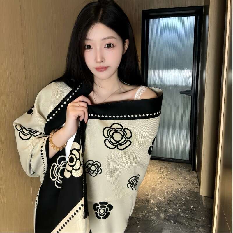 Winter Little Style Camellia Imitation Cashmere Shawl for Women Long Versatile Warm Neck Scarf