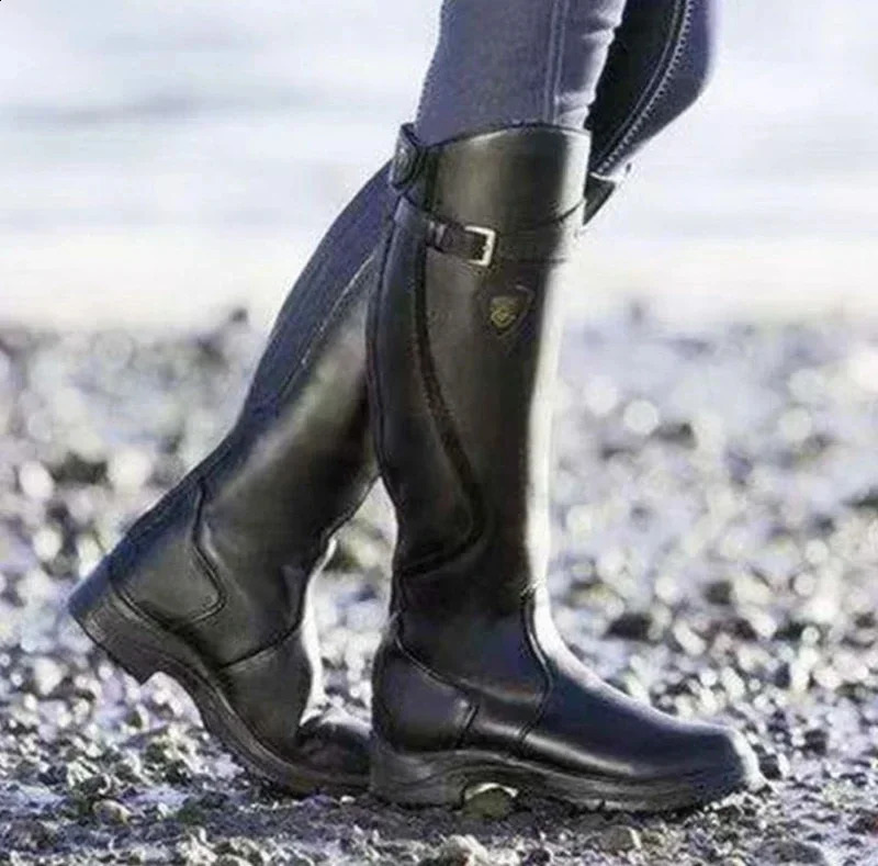 Women Boots 2023 Fashion Vintage Casual Solid Color Womens PU Retro Faux Leather Knee Length Midi Female Shoes 250904