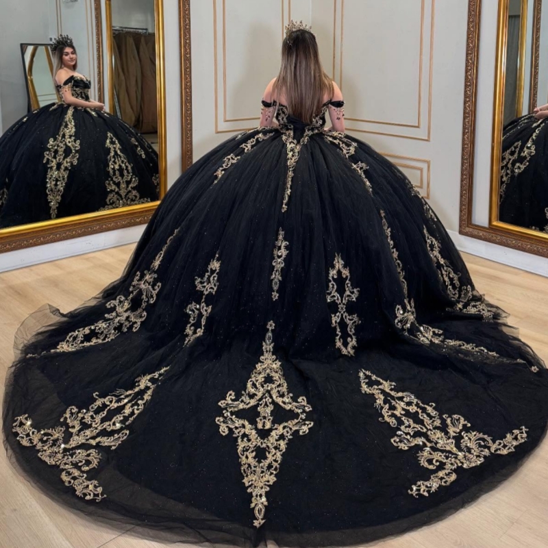 Black Shiny Quinceanera Dresses Off Shoulder Ball Gown Sweet 16 Dress Applique Lace Beading Crystal Bow Tull Birthday Party Vestidos 15 De Anos