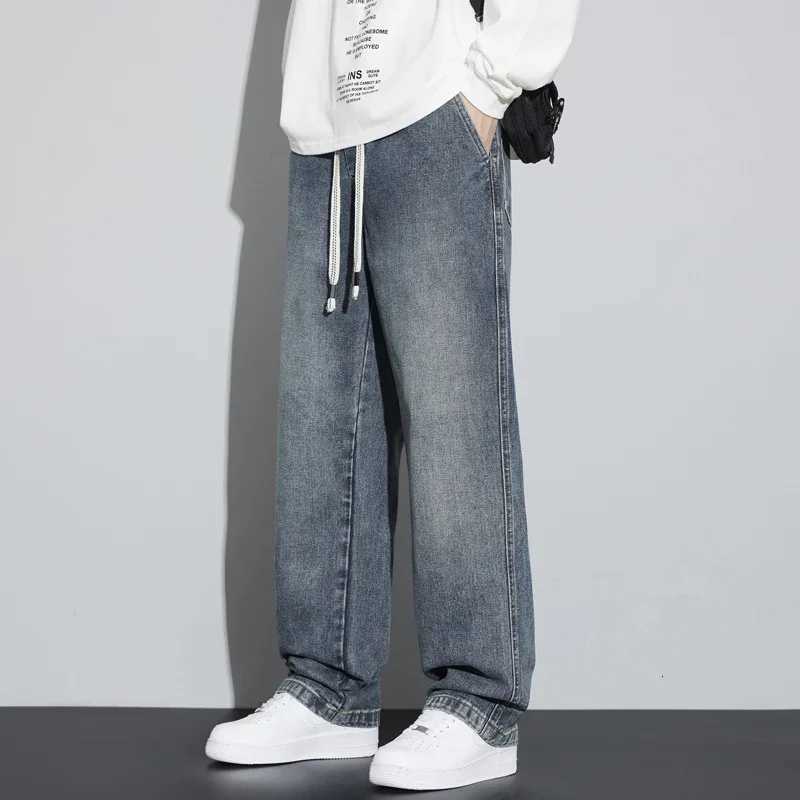 Elastic Waist Wide Leg Mens Jeans Straight Leg Fall and Winter Loose Leg Jeans Trend Pants W250905