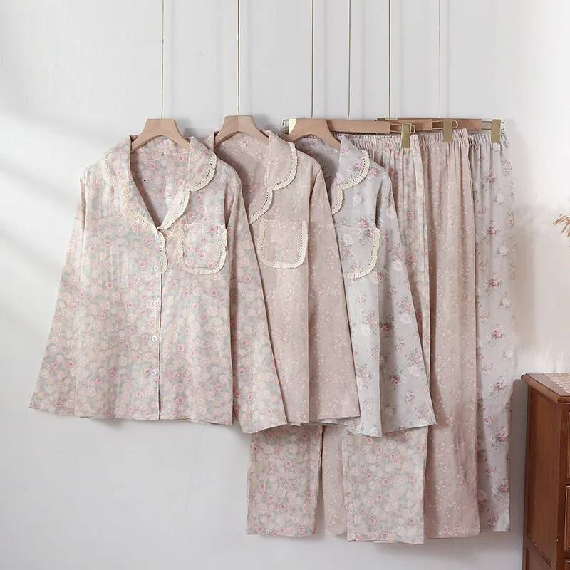 2025 New Women's Long Sleeve Lace Cotton design Pajama Set Spring and Autumn New Style Ink Painting Design Folded Cotton Pajama Sweet Home Design