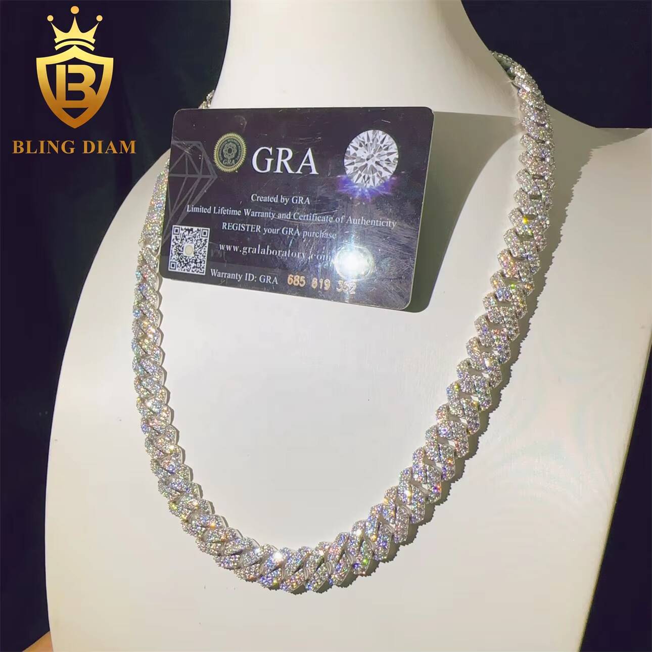 VVS Moissanite Diamond 12mm Luxury Fashion Hip Hop Fine Jewelry Iced Out GRA Certificated Necklace Miami Cuban Link Chain