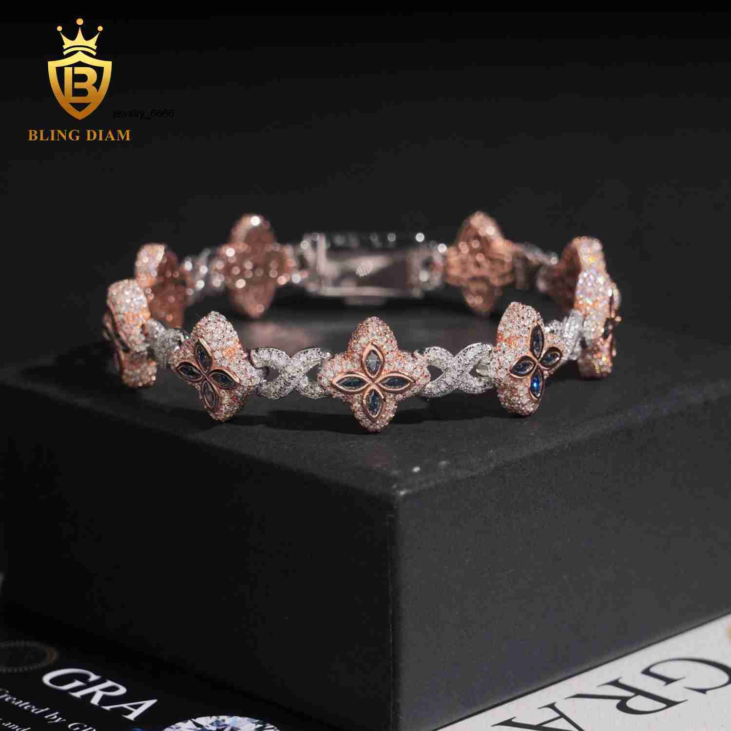 15mm Two Toned Flower Four Clover 925 Sliver Hip Hop Man Jewelry Iced Out Cuban Link Moissanite Infinity Rose Gold Pink Bracelet