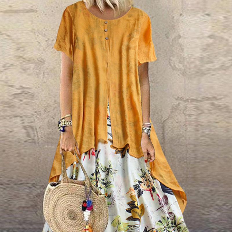 H90Cotton and linen floral maxi dress plus size women's swing dress
