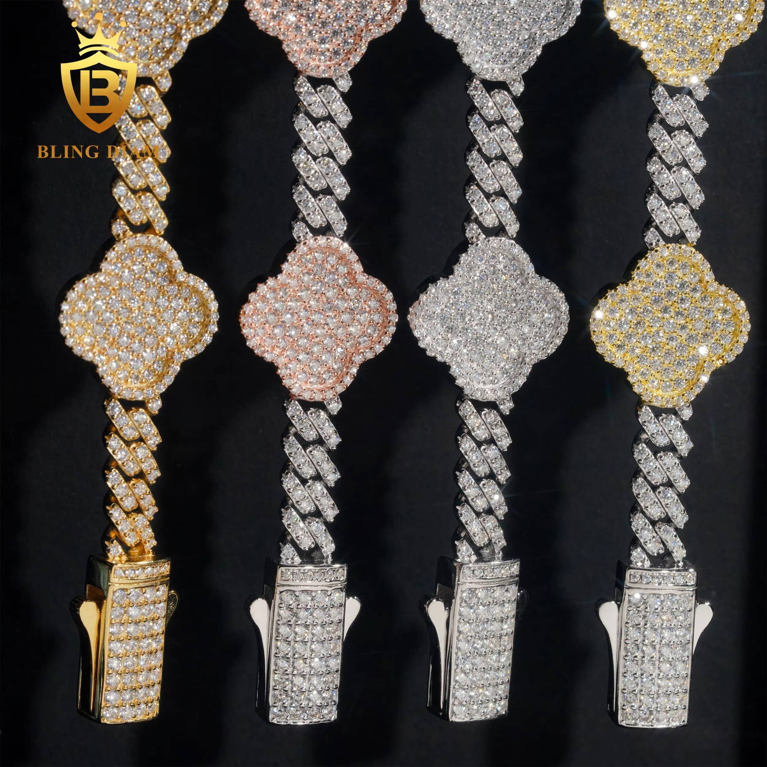 Custom 6mm Vvs Iced Out Moissanite Diamond Hip Hop Bracelet 925 Silver FourLeaf Clover Bracelet Men Women