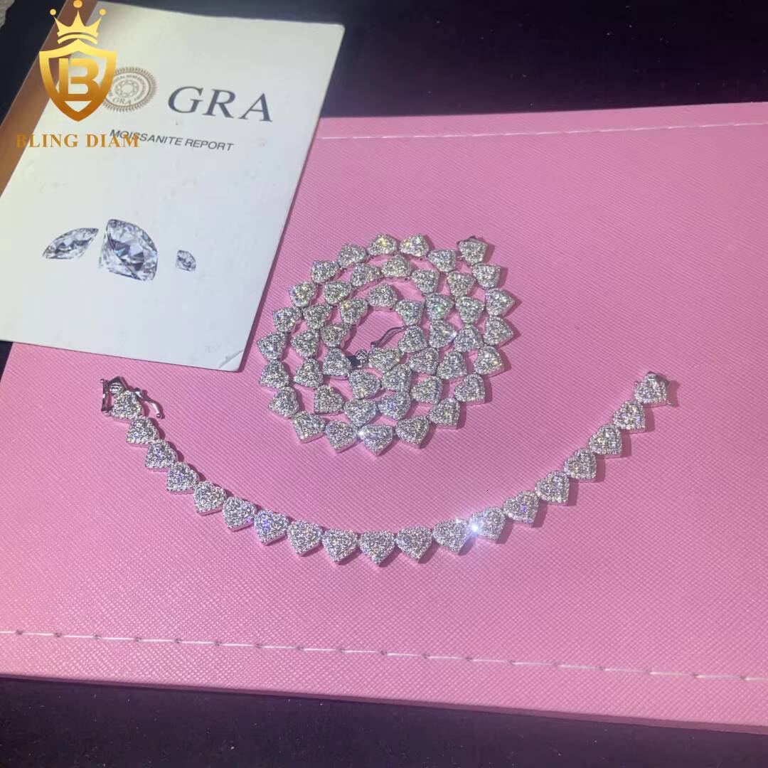 Love Heart Necklace Bracelet 925 Sterling Silver Chain Moissanite Cuban Bracelet Men Women Hip Hop Style Pass Diamond Tester