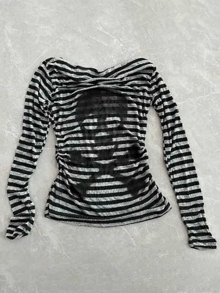 Gothic Vintage Skull Stripe Tshirt Women Off shoulder Top er Knitted Basic Long sleeve Tees 2000s Y2k Clothes Fashion 250905