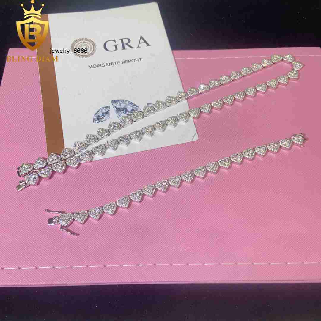 Love Heart Necklace Bracelet 925 Sterling Silver Chain Moissanite Cuban Bracelet Men Women Hip Hop Style Pass Diamond Tester