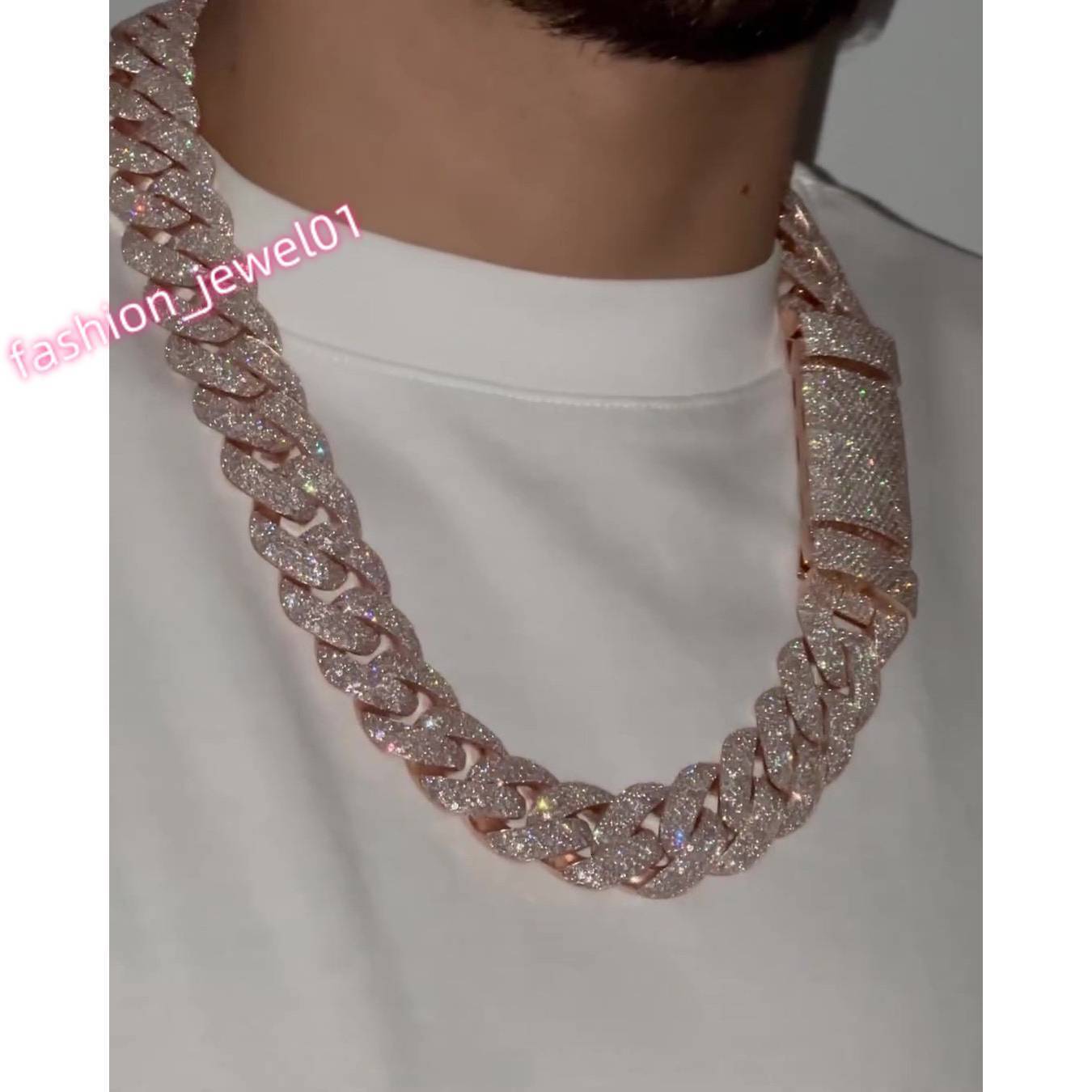 Big Pave Cuban Chain with 100cts Diamonds 225mm Wide VVS1 Quality Roundcut Moissanite Diamond Pass Diamond Tester