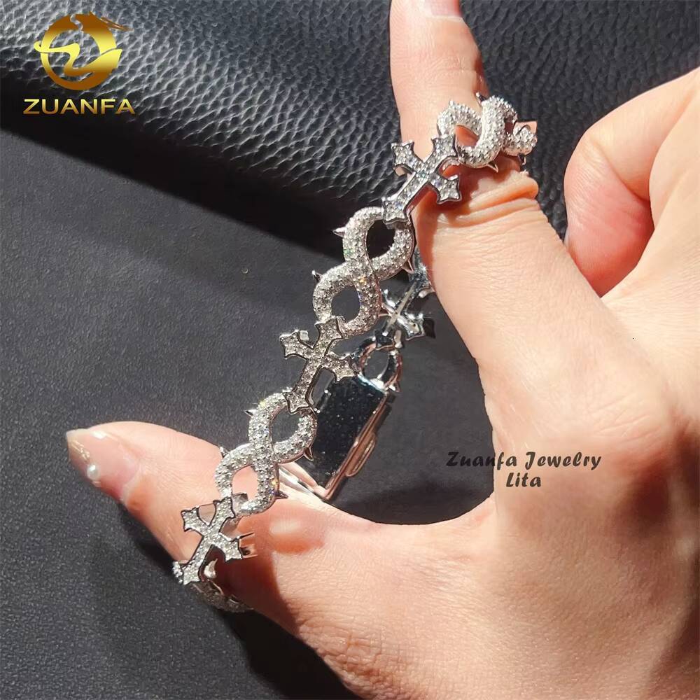 New Fashion Hip Hop Style 13MM 925 Sterling Silver Infinity Mixed Cross Iced Out Moissanite Bracelet