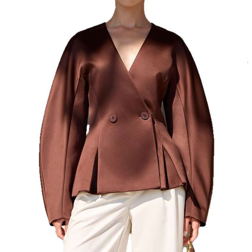 Autumn Winter New V-Neck Waist-Cinching Shirt Women With Design Sense, Elegant Fashion Satin Blouse For Commuting B3