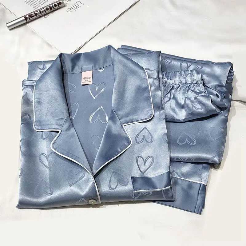 Girls faux ice silk pyjamas ladies longsleeved lace green premium feeling twopiece set of sweet loungewear love blue cloth Y250906