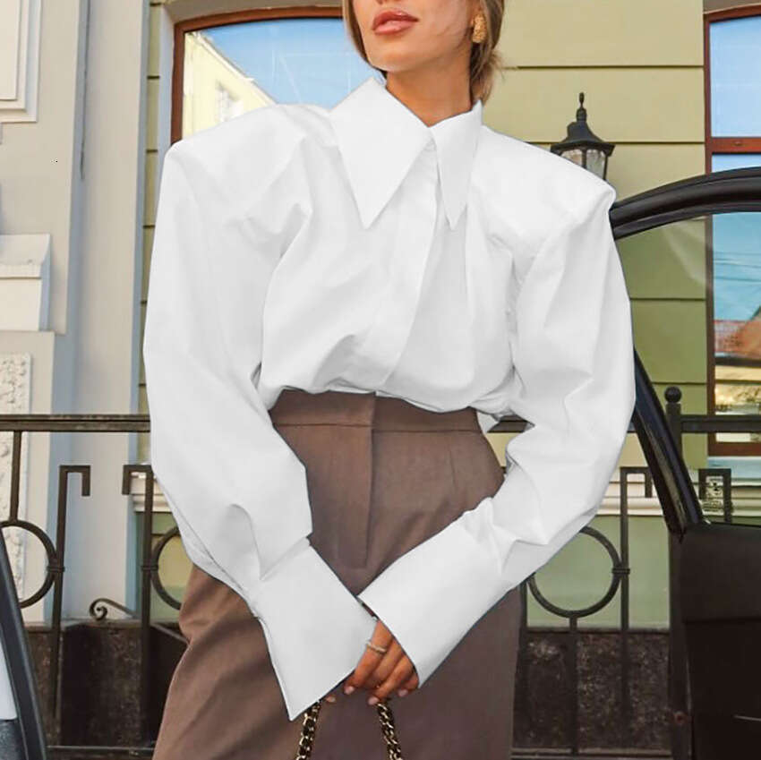 Autumn Winter New High-End Wide Shoulder Long Sleeve Women's Shirt Design Sense Elegant Fashion Simple Commuting B5