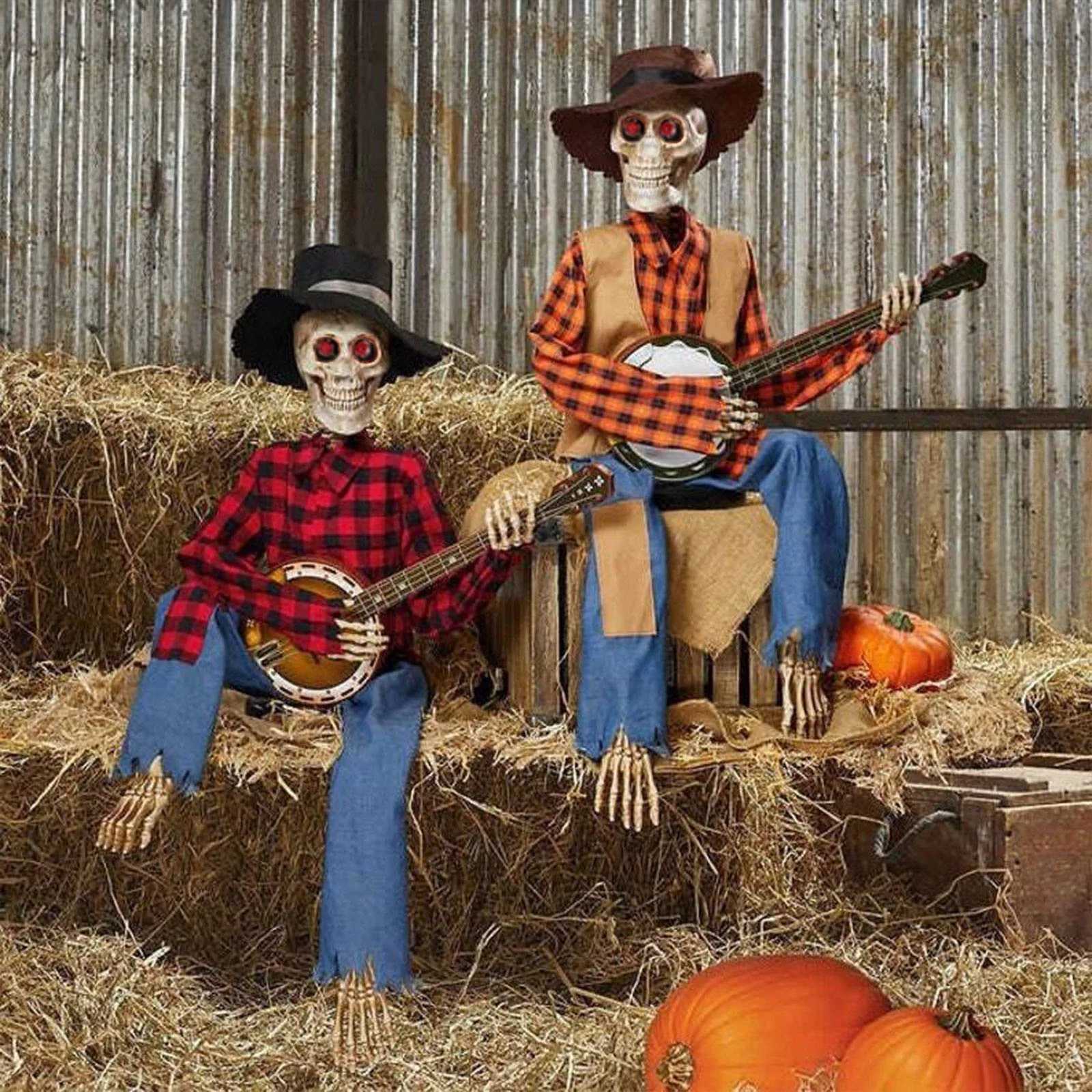 Animated Motion Sound Activated Musical Multi Lingual Banjo Skeletons Duo Halloween Fall Indoor Glowing Skeleton DecorXJ250906