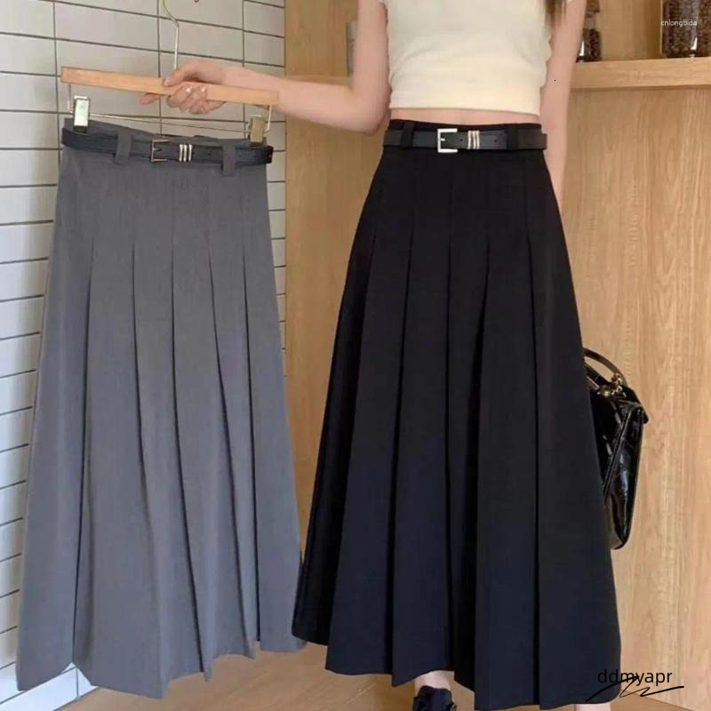 Ddmydec Skirts Women Maxi Skirt High Waist Pleated Ankle Length With Belt Solid Color A-Line Long For Office Women's Clothing
